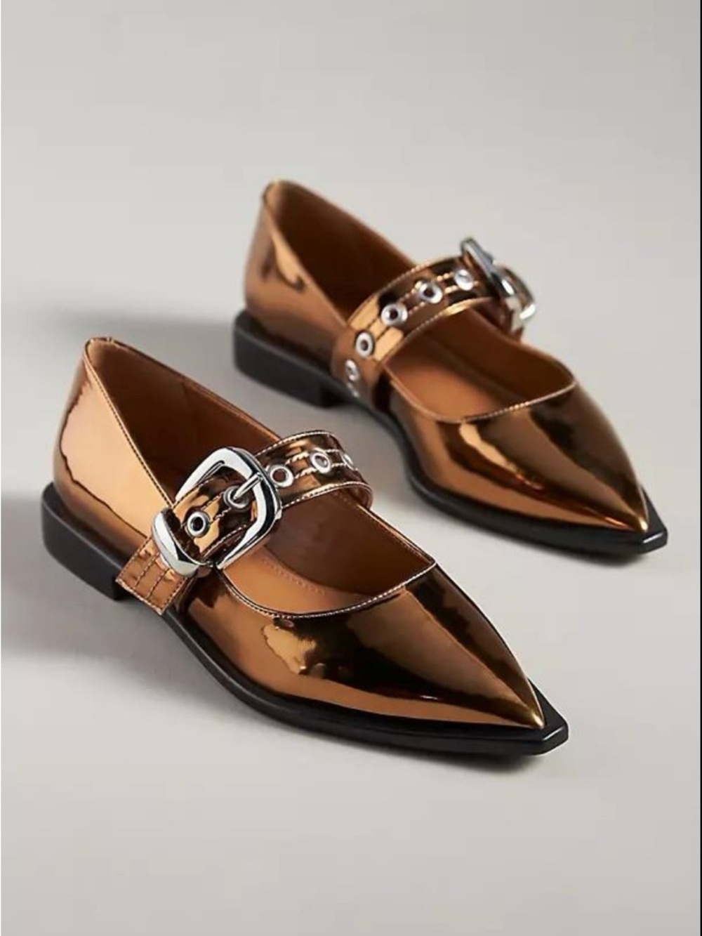 Anthropologie Maeve Metallic Bronze Pointed Mary Jane Flats with Silver Buckle